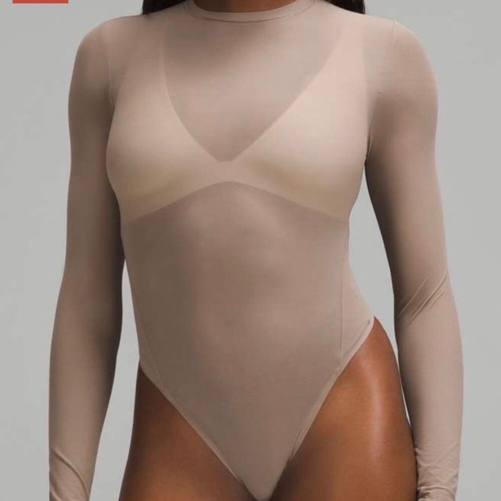 Lululemon Wonderlust Bodysuit Sheer Long Sleeve Thong Snap Taupe Athleisure XL